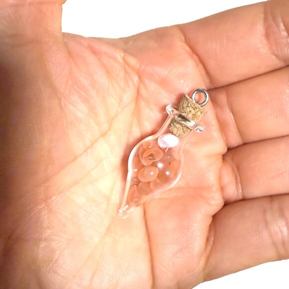 2/$20, Small Glass Bottle Pendant w/ Tiny Genuine Peachy Moonstone Cabochons - Picture 7 of 7